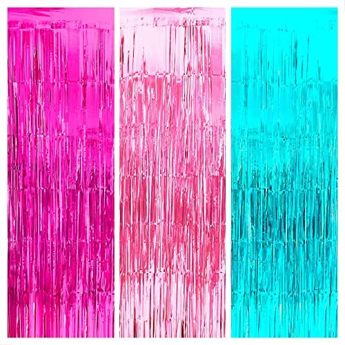 Завеса с ярко розови и сини ресни KatchOn - XtraLarge, 3,2x8 фута, опаковки от 3 теми | Украса под формата на еднорог за парти в чест на рождения ден | Украса под формата на Русалк?