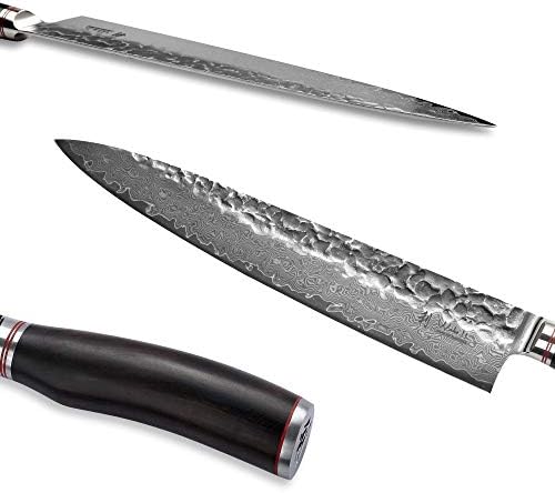 Wakoli Дамасский нож на главния готвач с голямо острие 12 см - изключително остър професионален нож с дамасским острие и черно дърво Пакка,