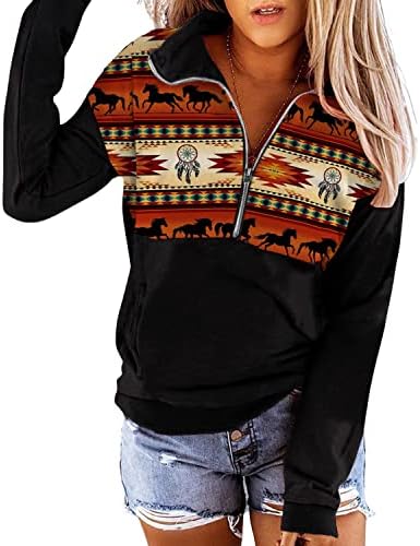 Дамски Hoody Fronage на мълния в стил Уестърн Ацтеките, Всекидневни Мексикански Етнически Пуловер с Графичен Дизайн и Дълъг Ръкав, Потници