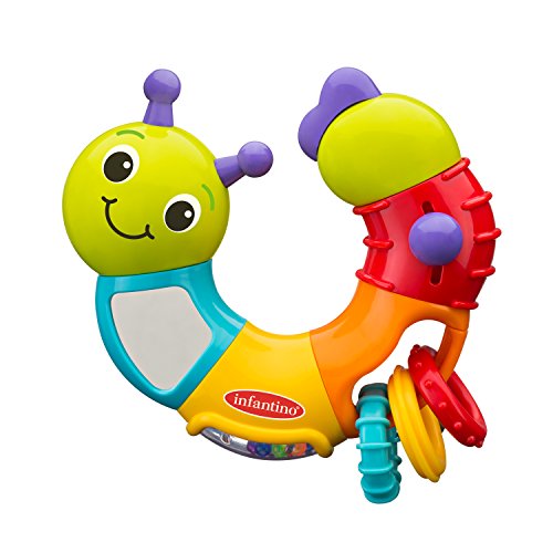 Дрънкалка-гъсеница Infantino Топси Turby Twist and Play - Въртящ се Корпус, Плъзгащи се пръстени, Огледало и Шумоглушители - Развитие на играчки за деца от 6 месеца