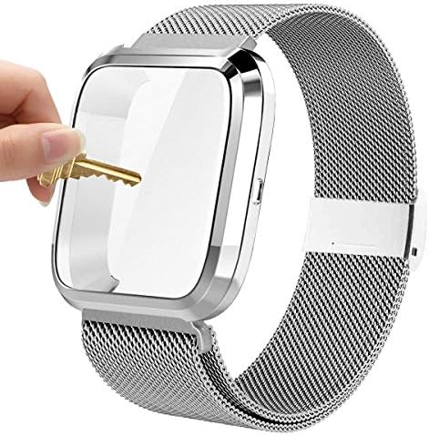 Maxjoy е Съвместим с джапанки Fitbit Versa, Versa 2 Взаимозаменяеми гривна от метална мрежа от неръждаема Стомана, гривни с защитен калъф, Съвместим с часове Fitbit Versa 2 1