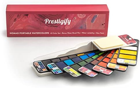 Преносим комплект акварельных бои Prestigify Nomad 42 нюанси - ярки цветове на дъгата, сгъваема фен, идеален лек ръчен