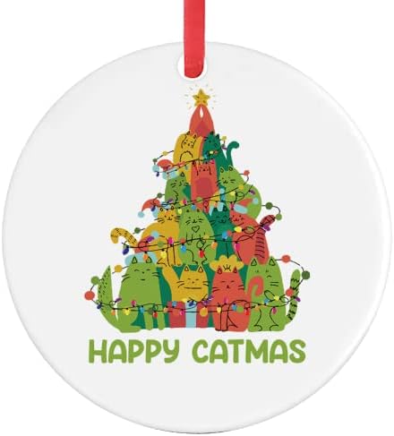 godblessign Happy Catmas Коледна украса Смешно Котка Коледно Дърво, Порцелан Сувенир за спомен за Висящи бижута с Подсветка Двустранни Печатни