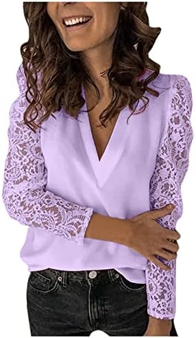 Секси блуза за жени, есенни ризи с дълбоко V-образно деколте, ежедневни обикновен потник с дантелен завършек, ризи, модни тънка туника с дълъг ръкав, тениски