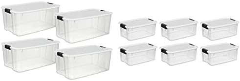 Sterilite 19909804 116-квартовая / 110-литров кутия с ултра-тик-так, прозрачен с бяло покритие и черни шут, 4 опаковки и 19849806 18-квартовая/17-литровата кутия с ултра-тик-так, прозрач