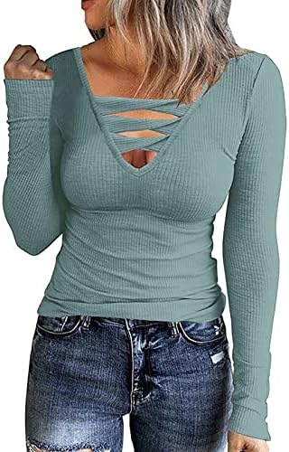 Дамски тениски с дълъг ръкав, Секси Тениска с V-образно деколте, Вязаная в Рубчик, Пуловер, Модни Еластична Ежедневна Блуза,