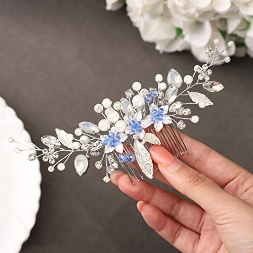 Сватбена гребен за коса Gorais с кристали на булката, сребърен цвете, лист, украса за коса за младоженци, син кристал, украса за коса,