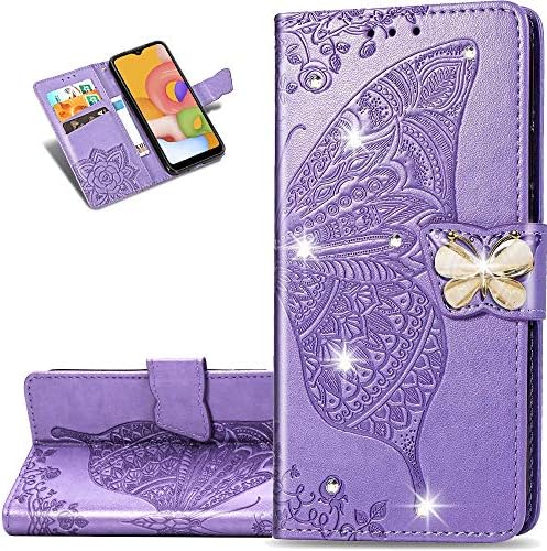 LEMAXELERS Samsung Galaxy A10E Калъф Diamond Bling Butterfly Чантата с Релефни, Спускащите се От Изкуствена Кожа, Отделения за Магнитни карти