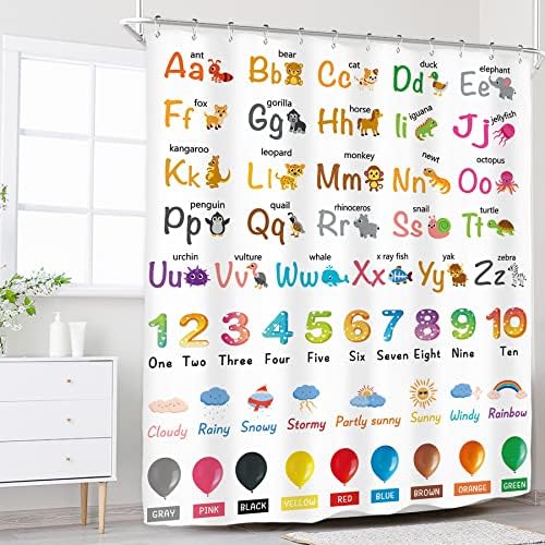 Riyidecor Детска Завеса за душ с Азбука ABC за декора на Банята 60Wx72H Cartoony модул за Обучение Цветни Инструмент за Животни За най-Малките Момичета И Момчета Плат С Художеств