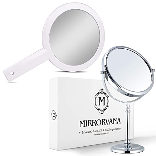 MIRRORVANA Малко Ръчно Двустранно огледало за жени - 10 см в дължина и Голямо Двустранно огледало за грим с увеличително стъкло