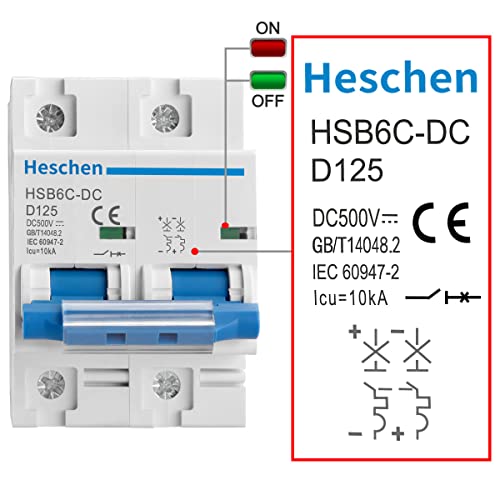 Миниатюрен автоматичен прекъсвач за постоянен ток, Heschen, HSB6C-DC, 2 полюса, DC500V 125A, Фотоелектричния Автоматичен прекъсвач,