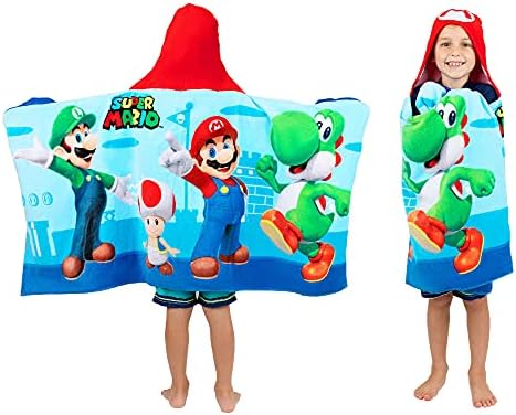 Кърпа за вана/басейна/плажа Franco Super Mario от мек памук, с качулка, 24 x 50 см, детско Super Mario Official Nintendo Kids е супер Меко