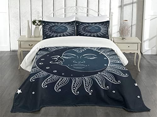 Покривки за легло с изображение на Слънце и Луна, Небесна Тема Фигура във формата на Полумесец, Фигура в Тъмни цветове, Декоративни бутер от 3 позиции и 2 Калъфки за в