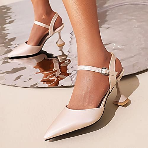 Сандали за жени, ежедневни обикновена модни обувки с неплъзгащи висок ток с остър пръсти и каишка на щиколотке, обувки на висок квадратен