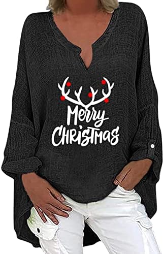 Ежедневните Коледни Върхове, Коледни Дамски Блузи С Дълъг Ръкав и V-образно деколте, Риза С Нередовни Подолом, Ежедневни Ленени Ризи от Смес От Ница