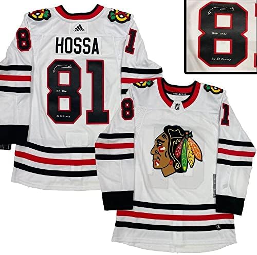 МАРИАН HOSSA, подписано от бялата фланелка Adidas PRO Чикаго Блекхоукс - HOF2020 и 3x SC - Тениски NHL с автограф