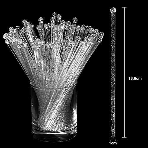 100 Броя за Еднократна употреба Пластмасови Кристални Пръчки за коктейл с Кръгла горна част (сребрист)