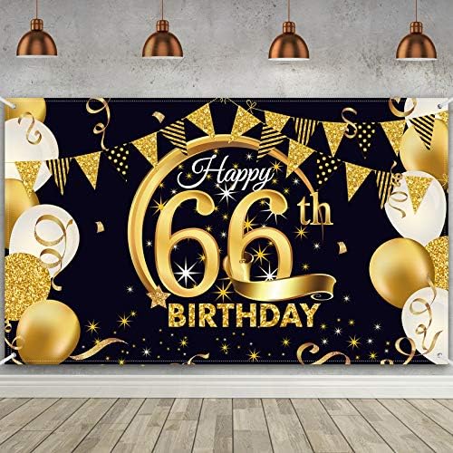 Украса за партита на 66-ия ден от раждането, Много Голям Текстилен Плакат с Надпис от Черното Злато в 66-та Годишнина, на Фона на Фотобудки, Банер на заден план, за да пр