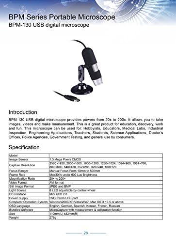 Преносим цифров микроскоп BestScope BPM-130 USB, 1.3-Мегапикселова камера, 20-200-кратно увеличение, светодиодна подсветка, Настолна поставка, В комплекта cd-rom със софтуер