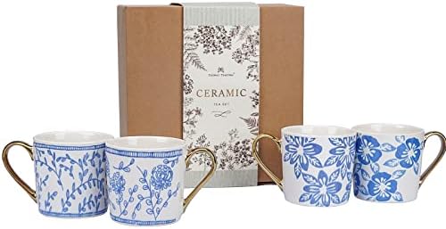 Комплект керамични чаши кафе на Taimei Teatime обем 4, 12,5 грама, с бяло-сини цветя модел, подаръчен комплект кафеени чаши