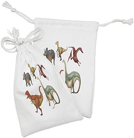 Платнена Торбичка с динозавром, Комплект от 2 теми, Набор на Динозаврите на Бял фон, Илюстрации в Карикатура стил, Малка чанта на съвсем