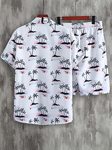 FIOXA / Мъжки облекла от две части, Мъжка риза с произволно принтом палмови клони и къси панталони с завязками на талията, Без тениски (Цвят: бял, Размер: XX-Large)