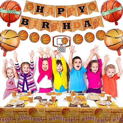 Украса за баскетболния партита - включително Банер честит Рожден Ден, балони, Чинии, Чаши, Салфетки, Покривка, Лъжици, Ножове, Вилици за деца и възрастни баскетболни