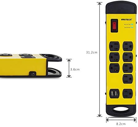 Oviitech 8 Контакти, Монтируемый Тежкотоварни мрежов филтър, Метални сила лента с 2 USB порта за зареждане (2,4 А), 1800 Джоулей, удлинительный кабел с дължина от 6 фута, жълто и