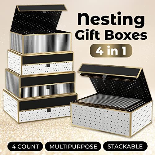 Подаръчни кутии HOUMY Nesting (4 опаковки) - Красивите подаръчни кутии на точки и райе с капаци - Размери XL, L, M, S - Коледни