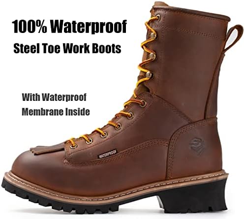 Мъжките 8-инчов водоустойчиви работни обувки за сеч SUREWAY със стоманени пръсти, Отлична устойчивост на вода и приплъзване, по-дебела естествена кожа гумена подметка