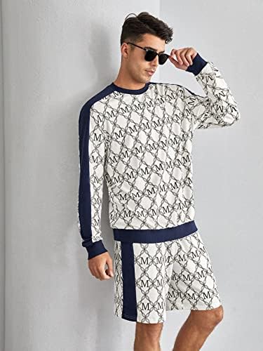 FDSUFDY/ Мъжки облекла от две части с писмото принтом и веригата, контрастен пуловер със странични шевове и спортни шорти