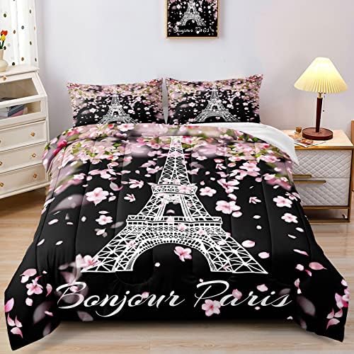 BDUCOK, Комплект одеяла с Айфеловата кула, Комплекти спално бельо в цветове на череша Кралски размери за Момичета, Интериор на Спални в романтична тематика Париж Фран?