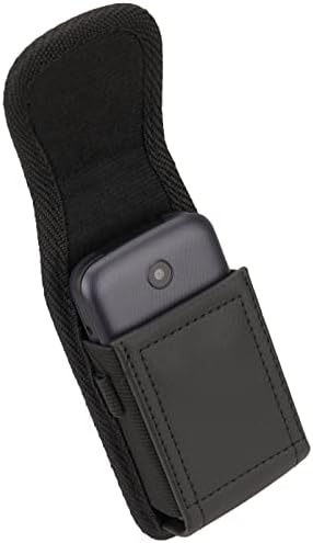 Калъф Nakedcellphone за телефон Alcatel Go Flip 4 TCL Flip Pro (4056), Оттичане на притежателя за кобур от черна веганской кожа, Здрава Метална скоба и надеждна панта за колан за безопасно