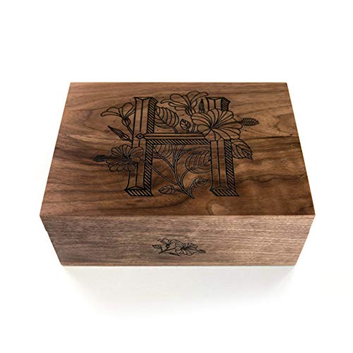 Дървена кутия за подаръци с цветя монограм H [Персонализирани подаръци по поръчка, Годишнина, Сватба, Бебе, Паметта]