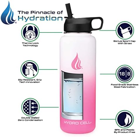 Бутилка за вода, HYDRO КЛЕТКИ от неръждаема стомана с соломинкой и капаци с широко гърло (бяла / розова 40 грама с розов защитно силиконово