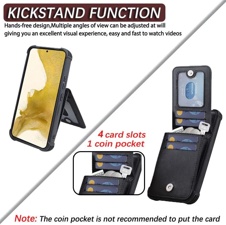 Чанта-портфейл VANAVAGY Galaxy S22 + Плюс 5 ГРАМА за жените и мъжете, Кожен Калъф-книжка с панти капак с Магнитна закопчалка, държач за кредитни карти и джоб за монети, Черен