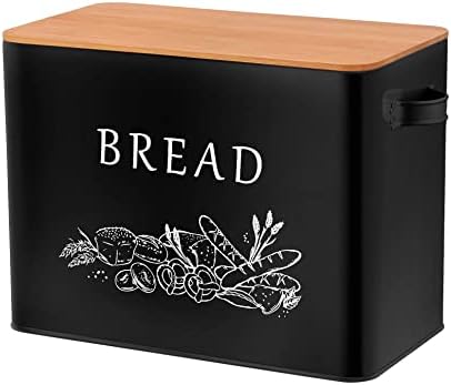Хлебница TeamFar с дървен капак, Метален Контейнер за съхранение на хляб 13,1 x 7,2 x 9,7, Държач за кухненски плот семейна Фермерска