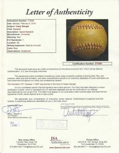 Бейзболен мениджър с автограф на Кейси Стенгела 1949 ню ЙОРК Янкис JSA COA - Бейзболни топки с автографи