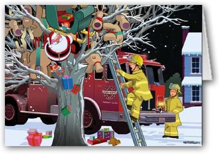 Коледни картички за пожарникари от колекция Stonehouse - 16 Празнични картички за пожарникари, Спасители и Пожарна машини в кутии (Асортимент)