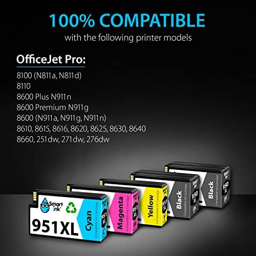 Замяна на касета, съвместим с Smart Ink, за HP 950XL 951XL 950 XL 951 XL, 5 опаковки в пакет за употреба с принтери Officejet Pro 8600 plus 8610 8620 8100 8625 8630 (2 черни и 1 синьо, 1 червена, 1 жълта)