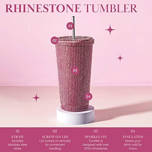 Чаша за вода Paris Hilton Diamond Bling С капак и соломинкой, Неръждаема стомана с вакуумна изолация на всички стени, Украсени с повече от 3700 кристали, 16,9 унция, розов