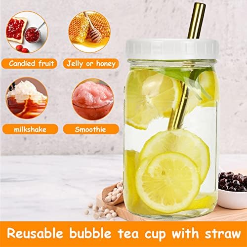 Pckydo Bubble Tea Cups 2 опаковки за Многократна употреба Чаши за шейкове с широко гърло, Чаши за Кафе С лед, с Бели Капаци и златни соломинками, Стъклени Буркани, за да Мейсън,