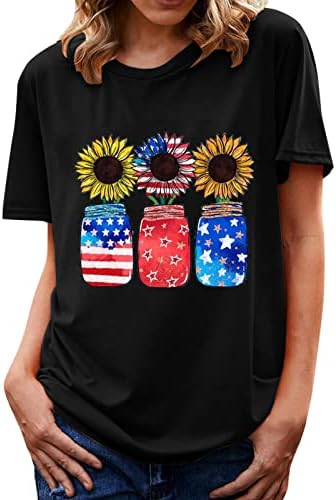 Свободен Приятелка Топ Женска Тениска С Къс Ръкав Памучен С Кръгло Деколте Американски Флаг Слънчоглед Цвете Почивка Ежедневна