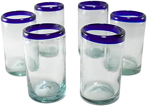 Чаши за пиене ръчно выдувки Ръчно изработени от Мексико, комплект от 6 елементи (рамки кобальтово-син цвят, сок от 8 унция).