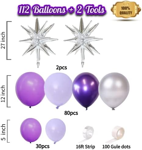 Пурпурни и сребърни балони Visondeco - 112 бр. в комплект лилава гирлянди от балони с лилави балони и метални сребърни балони, лилаво