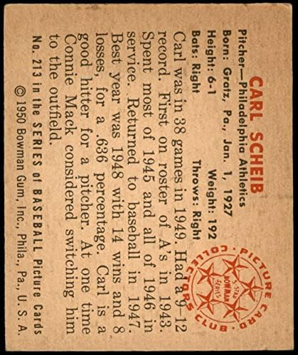 1950 Боуман 213 Карл Шейб Филаделфия Атлетикс (Бейзболна картичка) VG Athletics