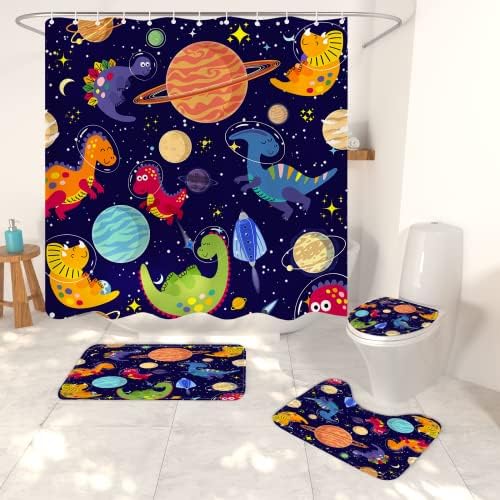 комплект завеси за душ с космически динозавром от 4 теми, детски cartoony комплект за баня с сладък космическа детска завесата и мат
