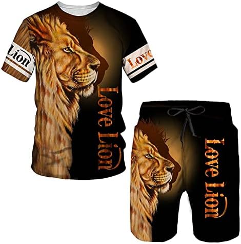 Мъжки комплект лятна градинска дрехи Lion, спортно облекло, облекло оверсайз, тениски с 3D принтом, къси панталони, спортни облекла,