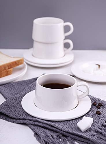 Порцеланови Чаши за капучино Kanwone с чинии - 8 грама за маркови кафе напитки, капучино, лате, Сащ и чай - Комплект от 4 чаши, Бял