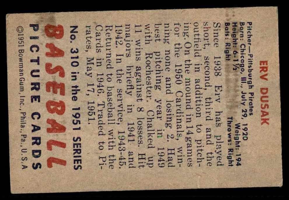 1951 Боуман 310 Эрв Душак Питсбърг Пайрэтс (Бейзболна картичка) VG Пирати